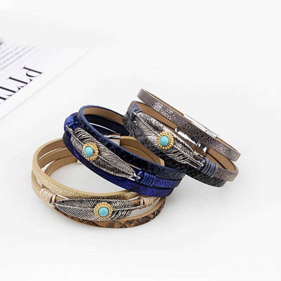 Vintage Leather Bangle Bracelet Turquoise Feather Wave Multilayer Bracelet Ethnic jewelry for Men