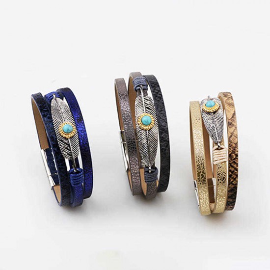 Vintage Leather Bangle Bracelet Turquoise Feather Wave Multilayer Bracelet Ethnic jewelry for Men