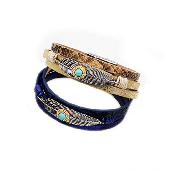 Vintage Leather Bangle Bracelet Turquoise Feather Wave Multilayer Bracelet Ethnic jewelry for Men