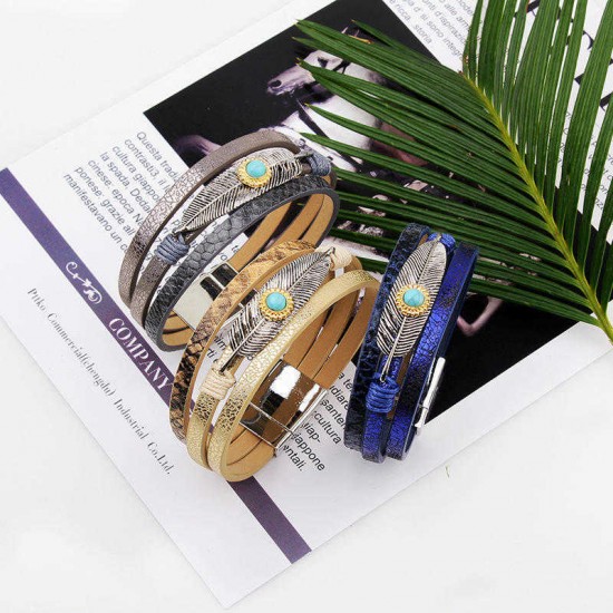 Vintage Leather Bangle Bracelet Turquoise Feather Wave Multilayer Bracelet Ethnic jewelry for Men