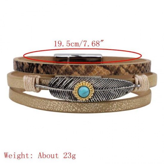 Vintage Leather Bangle Bracelet Turquoise Feather Wave Multilayer Bracelet Ethnic jewelry for Men