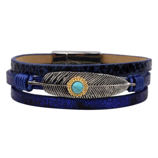 Vintage Leather Bangle Bracelet Turquoise Feather Wave Multilayer Bracelet Ethnic jewelry for Men