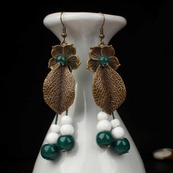 Vintage Leaves Flowers Ear Drop Earrings Fashion Copper Ceramics Bead Earring Jewelry for Women