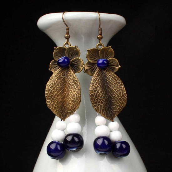 Vintage Leaves Flowers Ear Drop Earrings Fashion Copper Ceramics Bead Earring Jewelry for Women