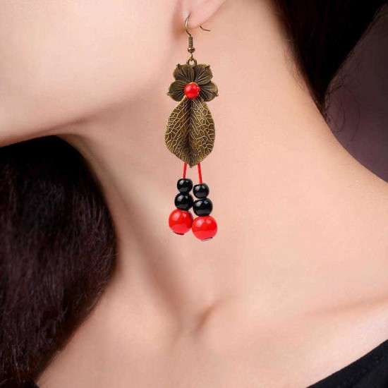 Vintage Leaves Flowers Ear Drop Earrings Fashion Copper Ceramics Bead Earring Jewelry for Women