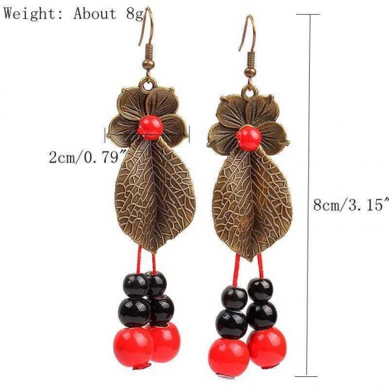 Vintage Leaves Flowers Ear Drop Earrings Fashion Copper Ceramics Bead Earring Jewelry for Women