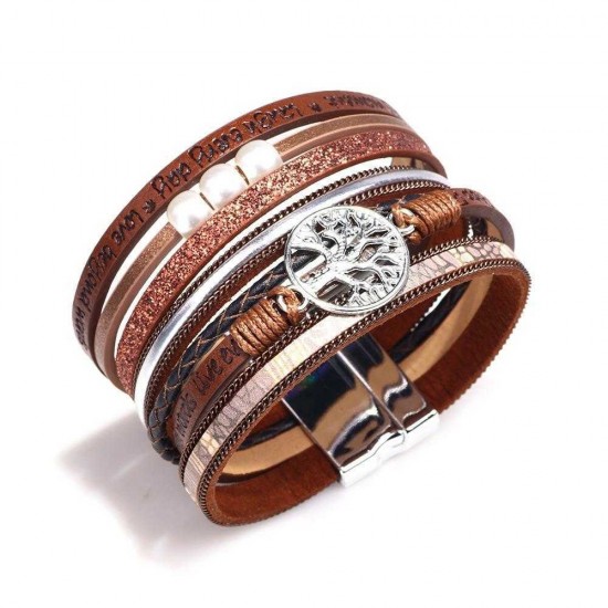 Vintage Life Tree Multilayer Leather Bracelet Alloy Woven Lady Bracelet