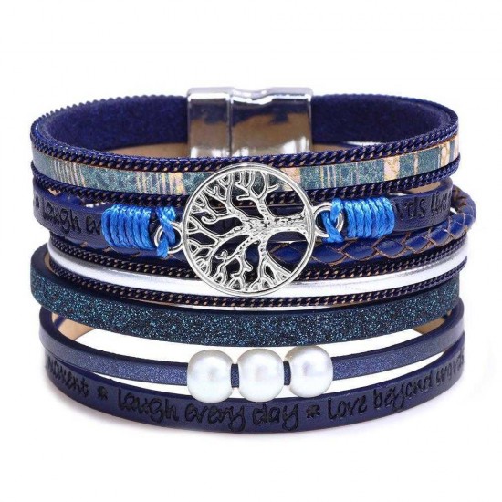 Vintage Life Tree Multilayer Leather Bracelet Alloy Woven Lady Bracelet