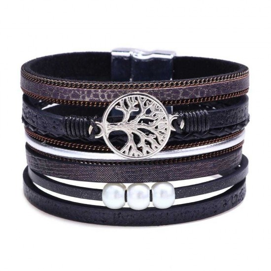 Vintage Life Tree Multilayer Leather Bracelet Alloy Woven Lady Bracelet