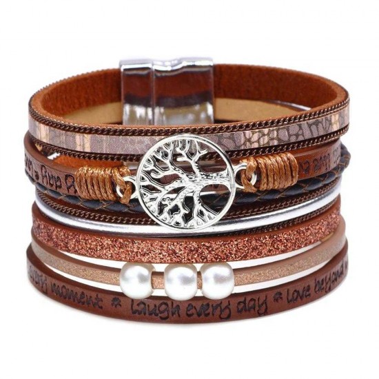 Vintage Life Tree Multilayer Leather Bracelet Alloy Woven Lady Bracelet