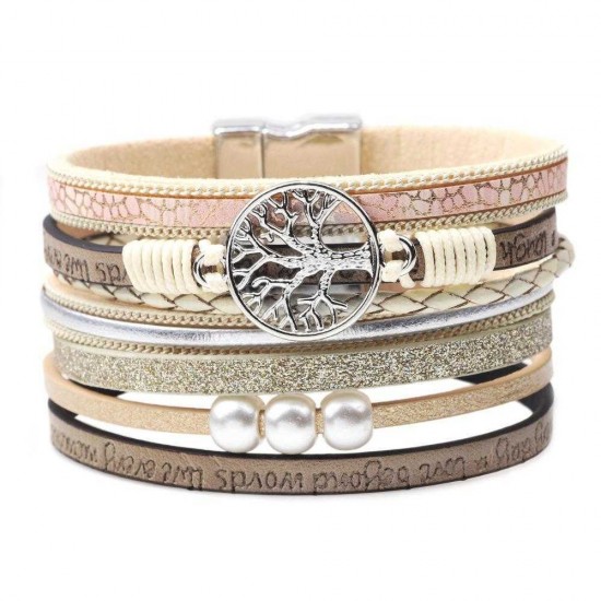 Vintage Life Tree Multilayer Leather Bracelet Alloy Woven Lady Bracelet