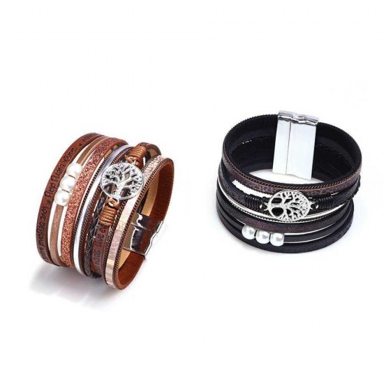 Vintage Life Tree Multilayer Leather Bracelet Alloy Woven Lady Bracelet