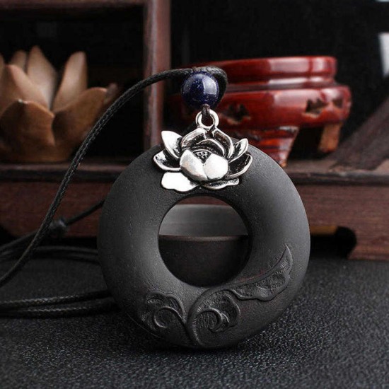 Vintage Lotus Ebony Wood Necklace Hallow Round Shape Necklace Long-Style Sweater Necklace For Women