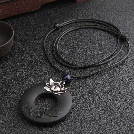 Vintage Lotus Ebony Wood Necklace Hallow Round Shape Necklace Long-Style Sweater Necklace For Women