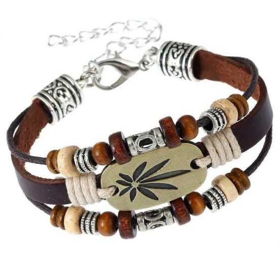 Vintage Maple Leaf Bracelet Real Leather Multi Layer Bracelet For Women Men Bracelet