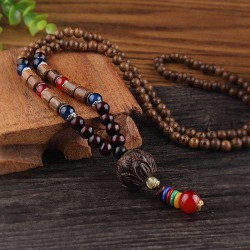 Vintage Multicolor Wood Beads Necklace Retro Long Sweater Pendant Necklace for Women