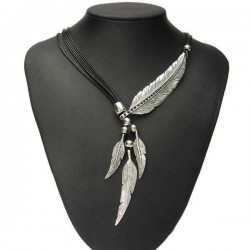Vintage Multilayer Black Rope Feather Pendant Necklace For Women