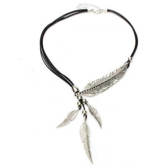 Vintage Multilayer Black Rope Feather Pendant Necklace For Women