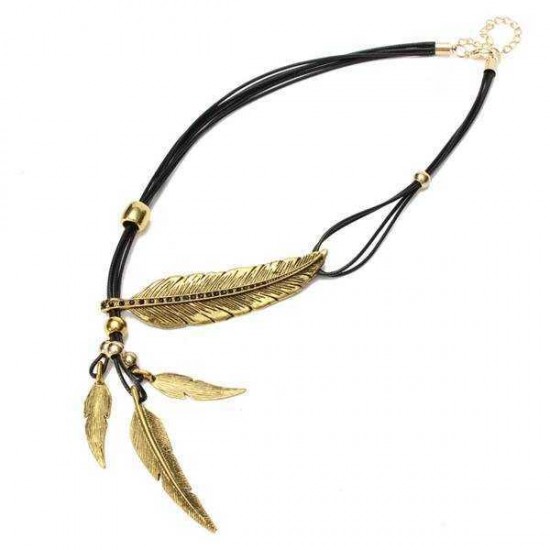 Vintage Multilayer Black Rope Feather Pendant Necklace For Women