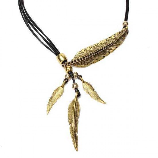 Vintage Multilayer Black Rope Feather Pendant Necklace For Women