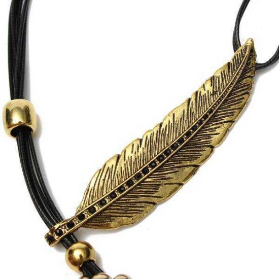 Vintage Multilayer Black Rope Feather Pendant Necklace For Women