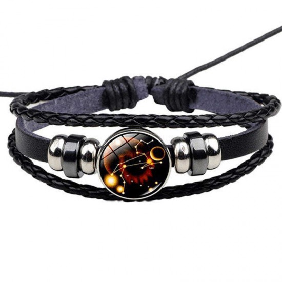 Vintage Multilayer Bracelet Leather Handmade Gallstone Twelve Constellation Ethnic Jewelry for Women