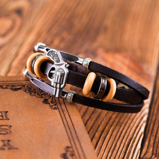 Vintage Multilayer Bracelet Leather Handmade Gun Round Irregular Beads Ethnic Jewelry for Women