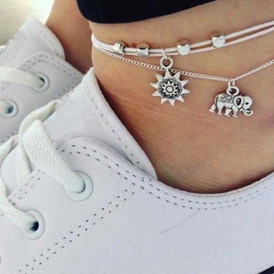 Vintage Multilayer Elephant Sun Charm Anklet Bohemian Ankle Bracelets Ankle Rings Beach Jewelry