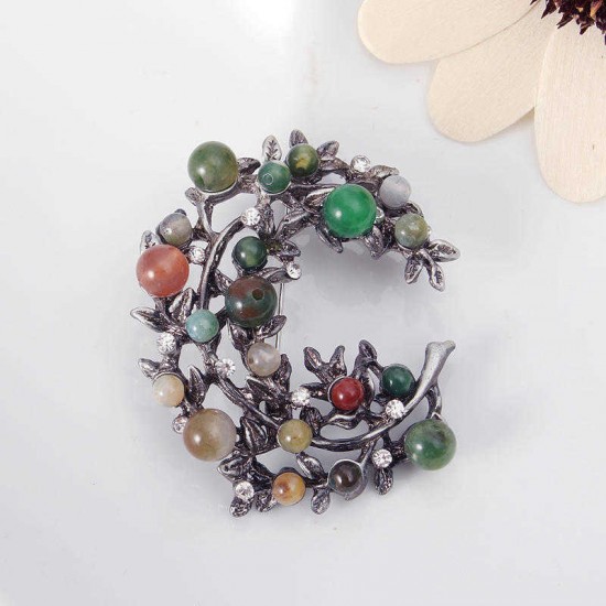 Vintage Natural Agate Stone Wreath Suit Jacket Brooch Pin