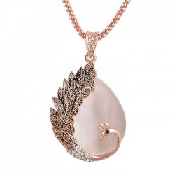 Vintage Opal Rhinestone Pendant Peacock Feather Necklace Crystal Women Sweater Chain