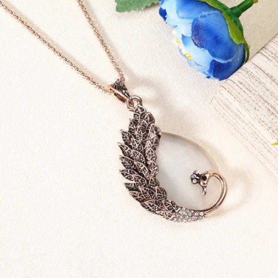 Vintage Opal Rhinestone Pendant Peacock Feather Necklace Crystal Women Sweater Chain