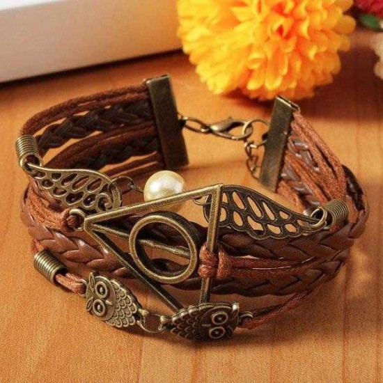 Vintage Owl Wings Triangle Pearl Multilayer Braided Leather Bracelet