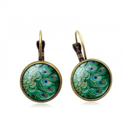 Vintage Peacock Feathers Pattern Earrings Bronze Gem Cabochon Dangle Earring