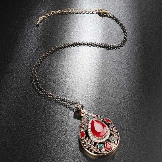 Vintage Pendant Necklace Hollow Leaf Red Gemstone Water Drop Charm Necklace Ethnic Jewelry for Women