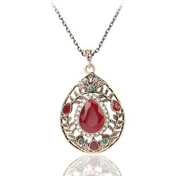 Vintage Pendant Necklace Hollow Leaf Red Gemstone Water Drop Charm Necklace Ethnic Jewelry for Women