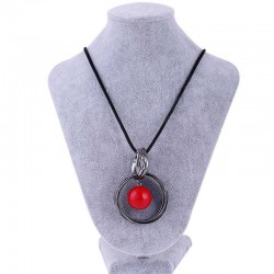 Vintage Pendant Necklace Red Bead Hollow Round Pendant Ethnic Jewelry Sweater Necklace for Women