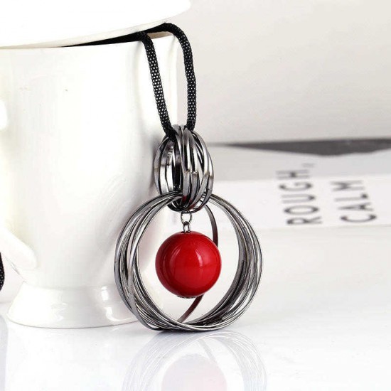 Vintage Pendant Necklace Red Bead Hollow Round Pendant Ethnic Jewelry Sweater Necklace for Women