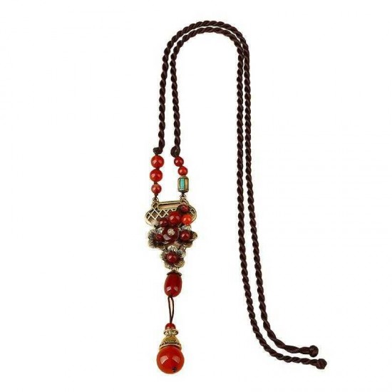 Vintage Red Agate Pendant Alloy Long Necklace Ethnic Style Necklace For Women