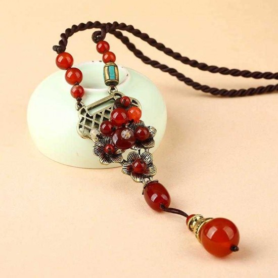 Vintage Red Agate Pendant Alloy Long Necklace Ethnic Style Necklace For Women