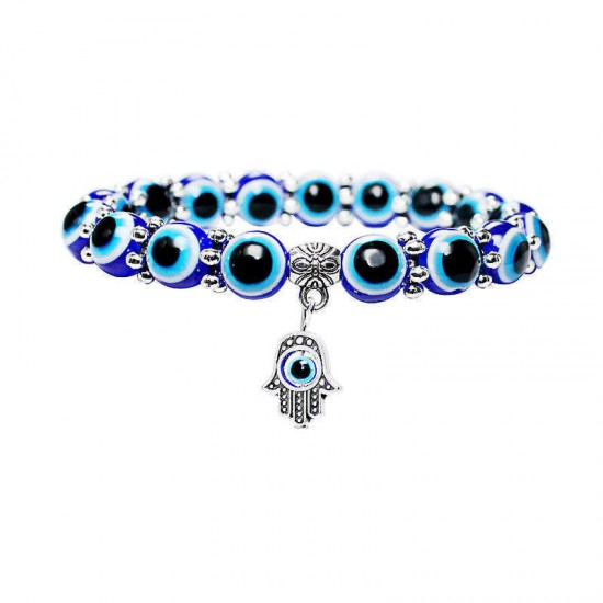 Vintage Resin Fatima Hand Blue Eyes Beads Trendy Elastic Bracelet  for Women