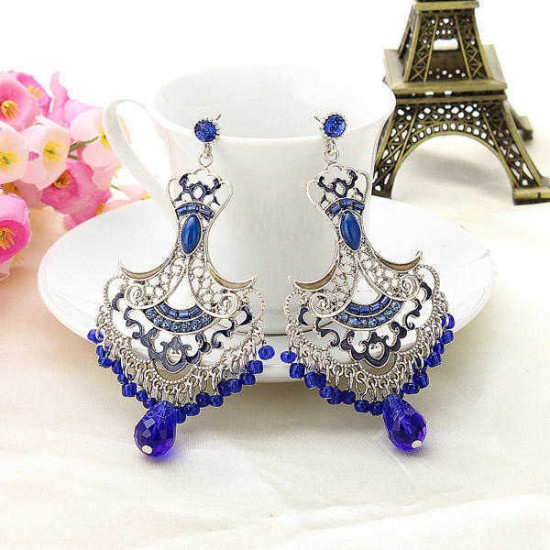 Vintage Rhinestone Crystal Hollow Beads Tassel Earrings Ear Drops