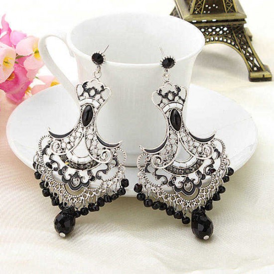 Vintage Rhinestone Crystal Hollow Beads Tassel Earrings Ear Drops