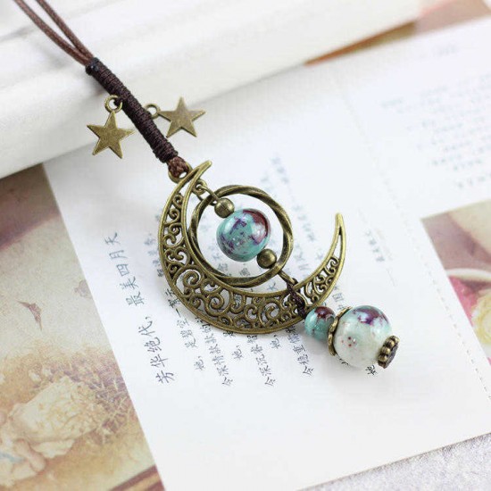 Vintage Star Moon Necklace Ethnic Ceramic Handmade Adjustable Pendant for Women