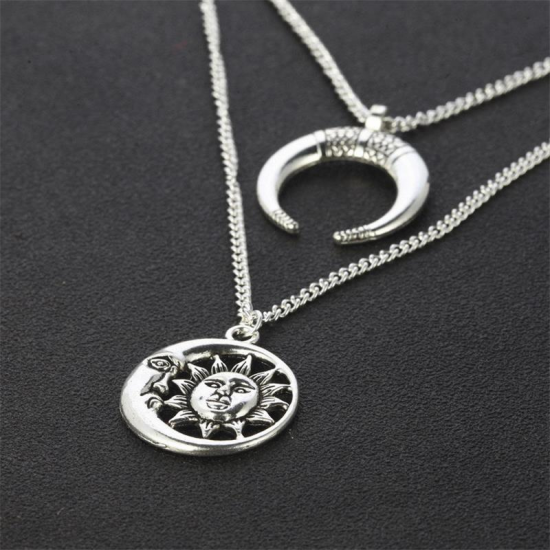 Vintage Sun Moon Pendant Necklace Charm Chain Multilayer Necklace Jewelry For Women