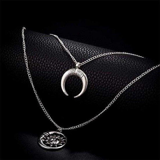 Vintage Sun Moon Pendant Necklace Charm Chain Multilayer Necklace Jewelry For Women