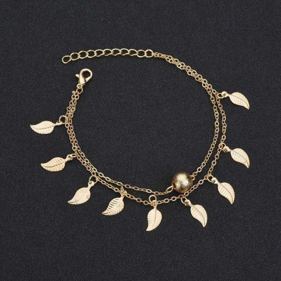 Vintage Tassels Leaves Anklets Alloy Round Bead Double Layer Women Anklet