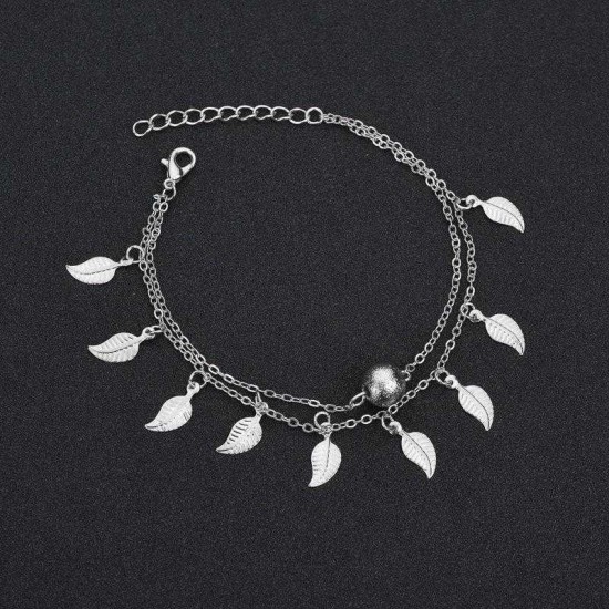 Vintage Tassels Leaves Anklets Alloy Round Bead Double Layer Women Anklet