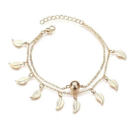 Vintage Tassels Leaves Anklets Alloy Round Bead Double Layer Women Anklet