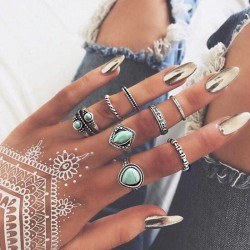 Vintage Turquoise 8 Pieces/ Set Rings Kit Retro Style Alloy Finger Joint Ring Kit For Women