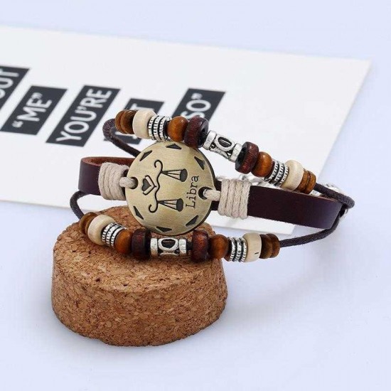 Vintage Twelve Constellations Bracelet Leather Couple Bracelet Beaded Multi Layer Bracelet